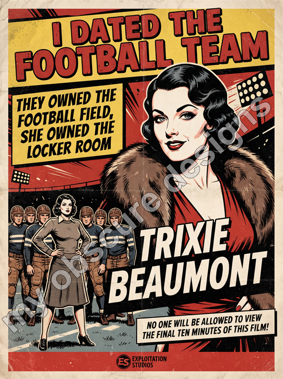A fictional movie poster for the fictional exploitation film "I Dated The Football Team."