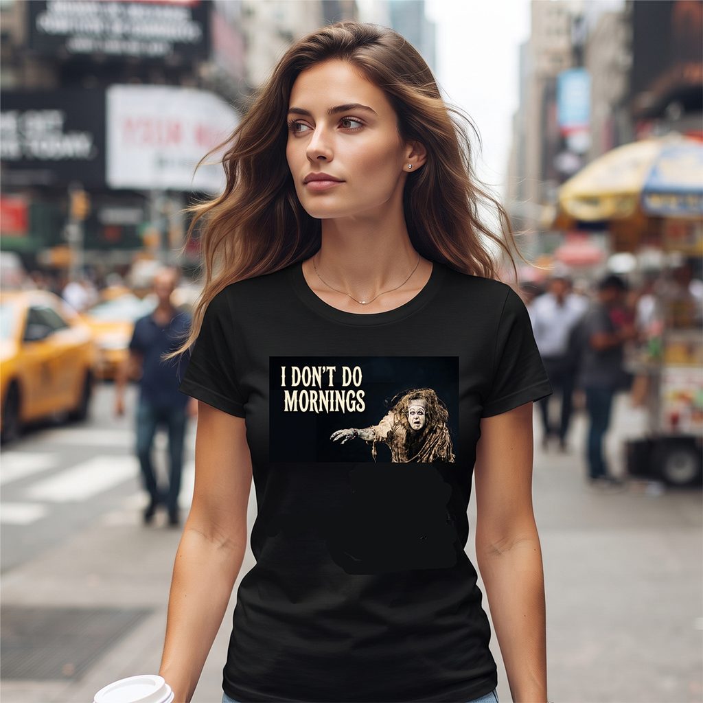 Woman wearing a "I Don't Do Mornings" t-shirt.