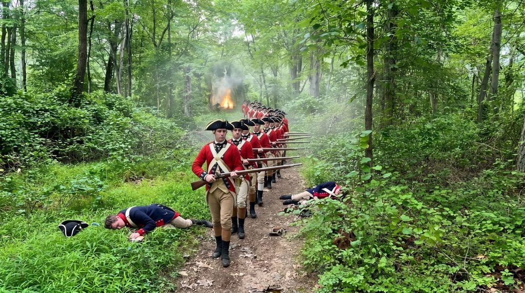 Loyalist redcoats marching through a forest with a fire in the background.