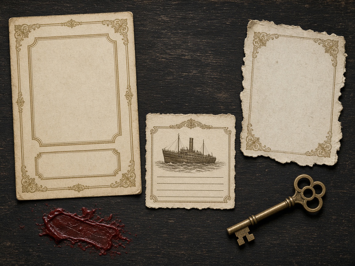 Blank playbill, steamship card, and a brass key