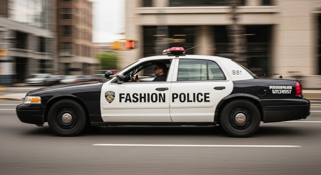 Fashion Police vehicle on the move on a city street.