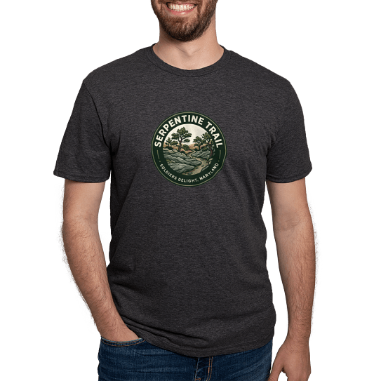 Serpentine Trail logo on a grey t-shirt.